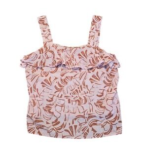 Nine West Womens Tan Safari Botanical Tank Top‎ L Semi-Cropped Ruffle Vacation